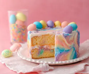 Colorful Swirled Easter Cake with festive icing and vibrant decorations for holiday celebrations
