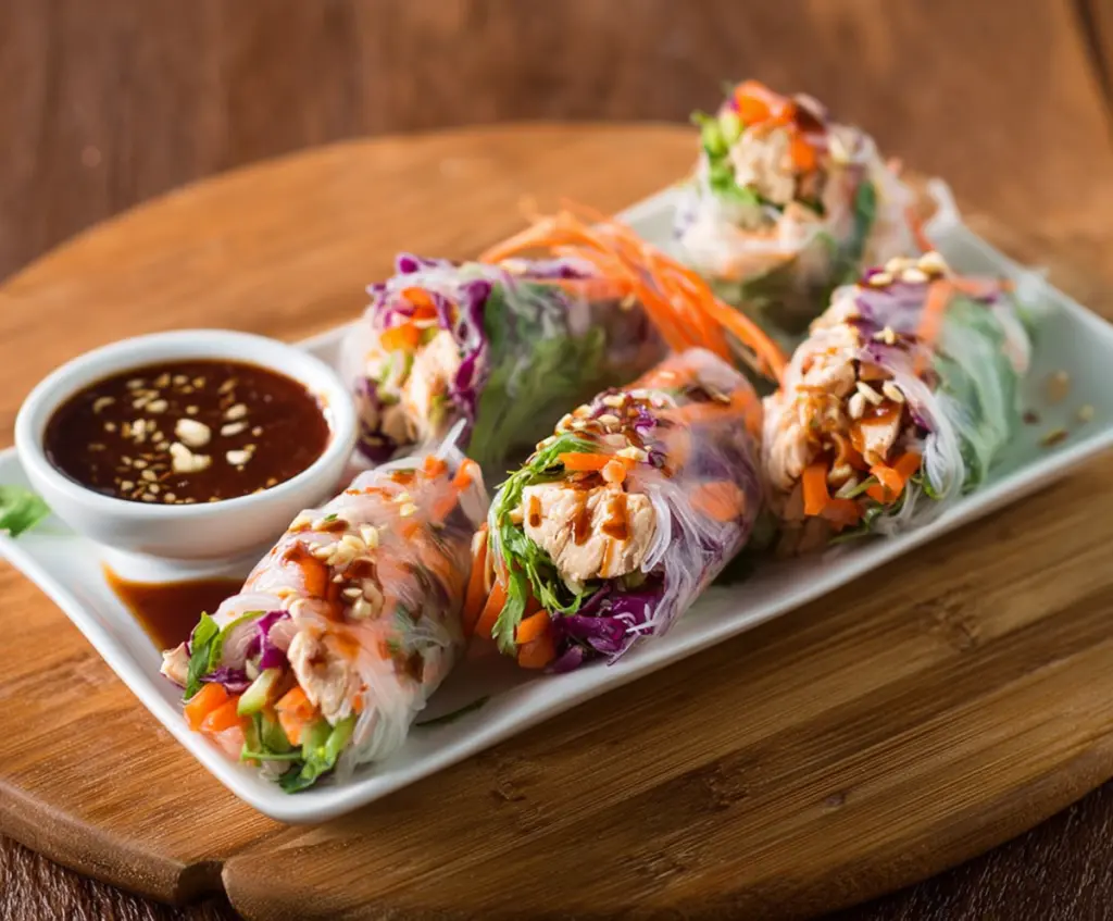 Delicious Teriyaki Chicken Rice Paper Rolls with fresh vegetables and sauce.