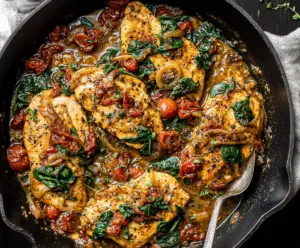 Delicious Tuscan Chicken Skillet with herbs and creamy sauce, served in a rustic skillet.