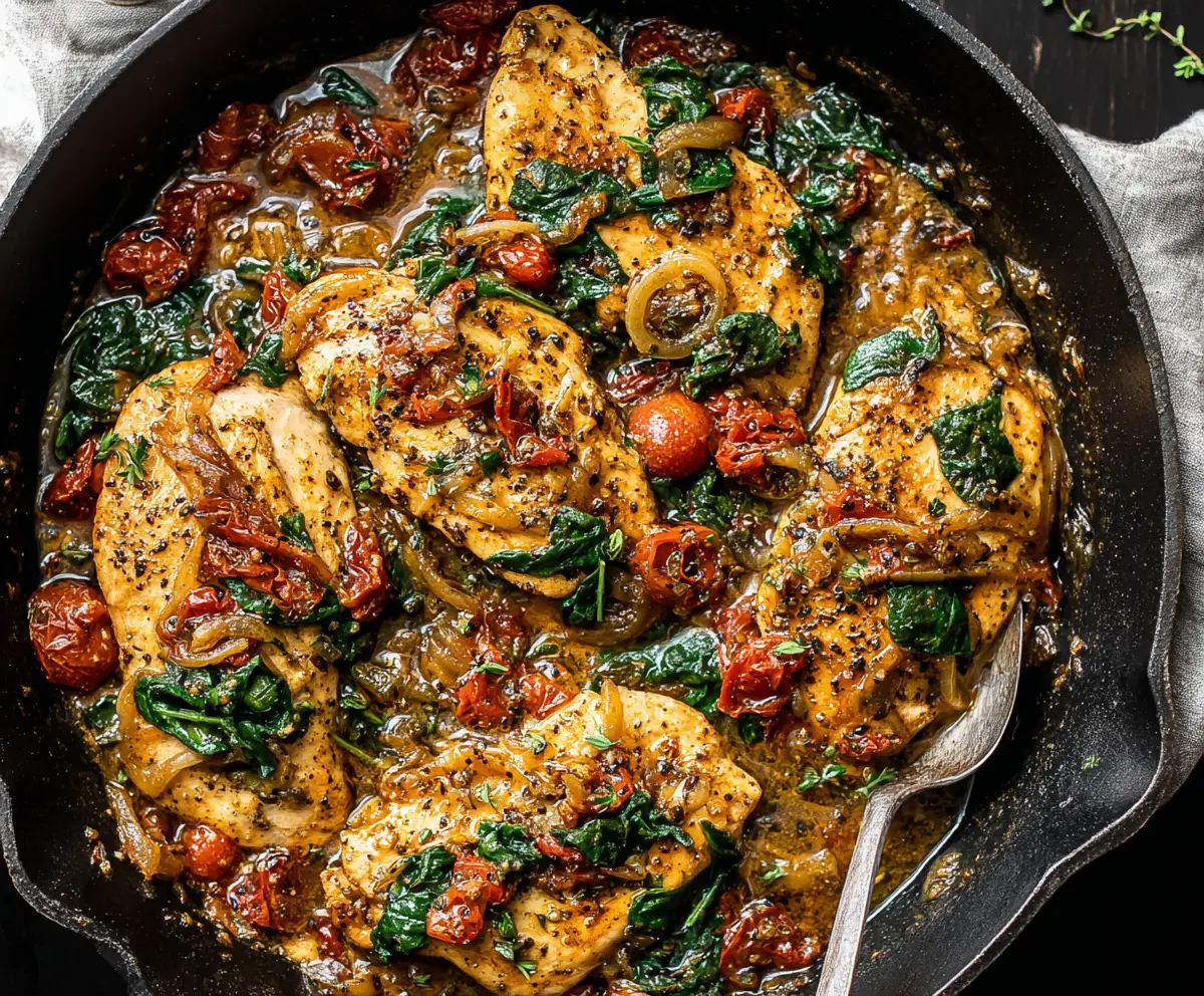 Delicious Tuscan Chicken Skillet with herbs and creamy sauce, served in a rustic skillet.