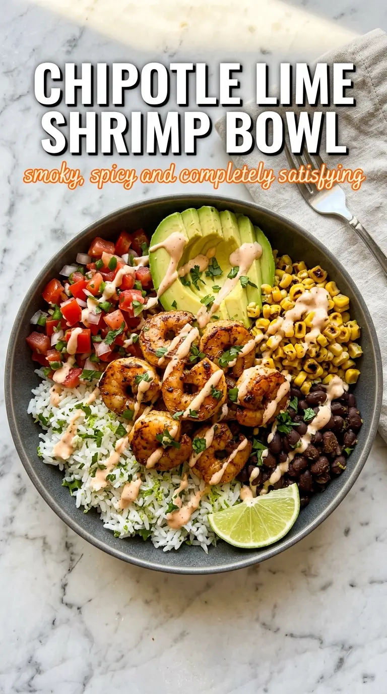Chipotle Lime Shrimp Bowl, smoky citrus, creamy sauce