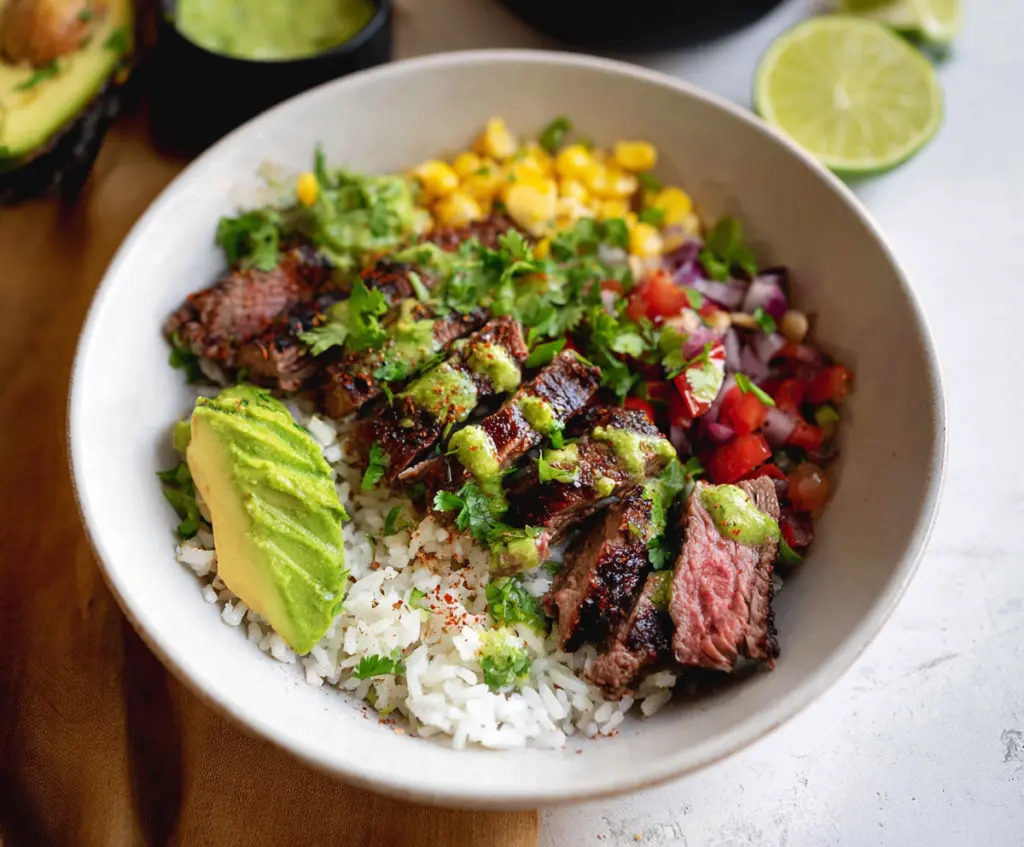 Flavorful cilantro lime steak served over fluffy rice in a vibrant bowl
