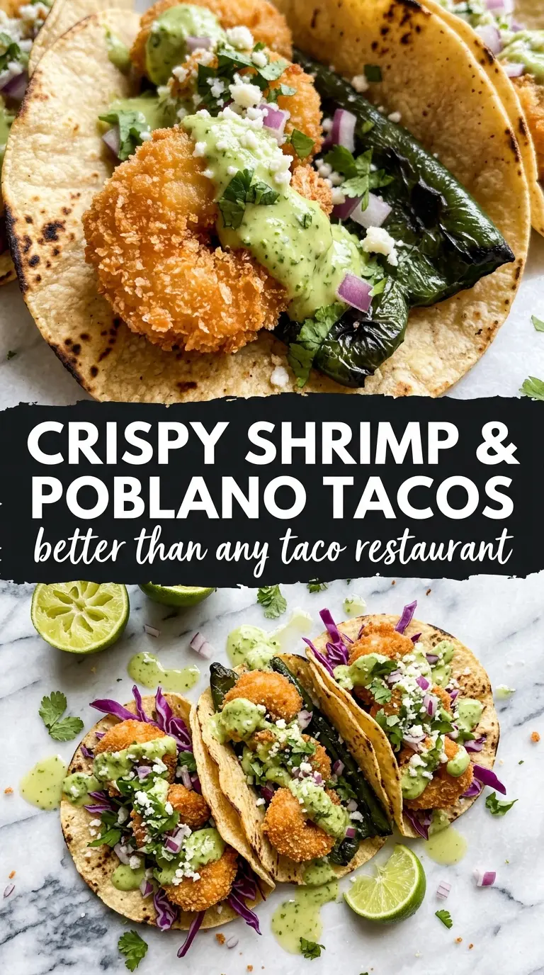 Crispy Shrimp & Poblano Tacos with Avocado Cilantro Sauce crispy smoky creamy