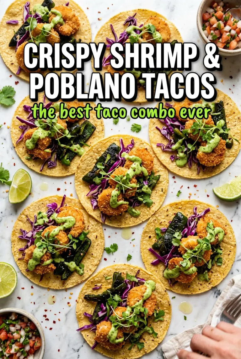 Crispy Shrimp & Poblano Tacos with Avocado Cilantro Sauce