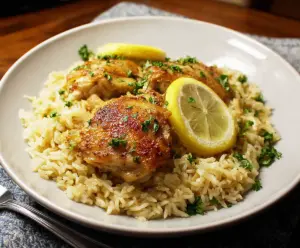 Delicious lemon chicken served with fluffy rice on a white plate, garnished with fresh herbs.