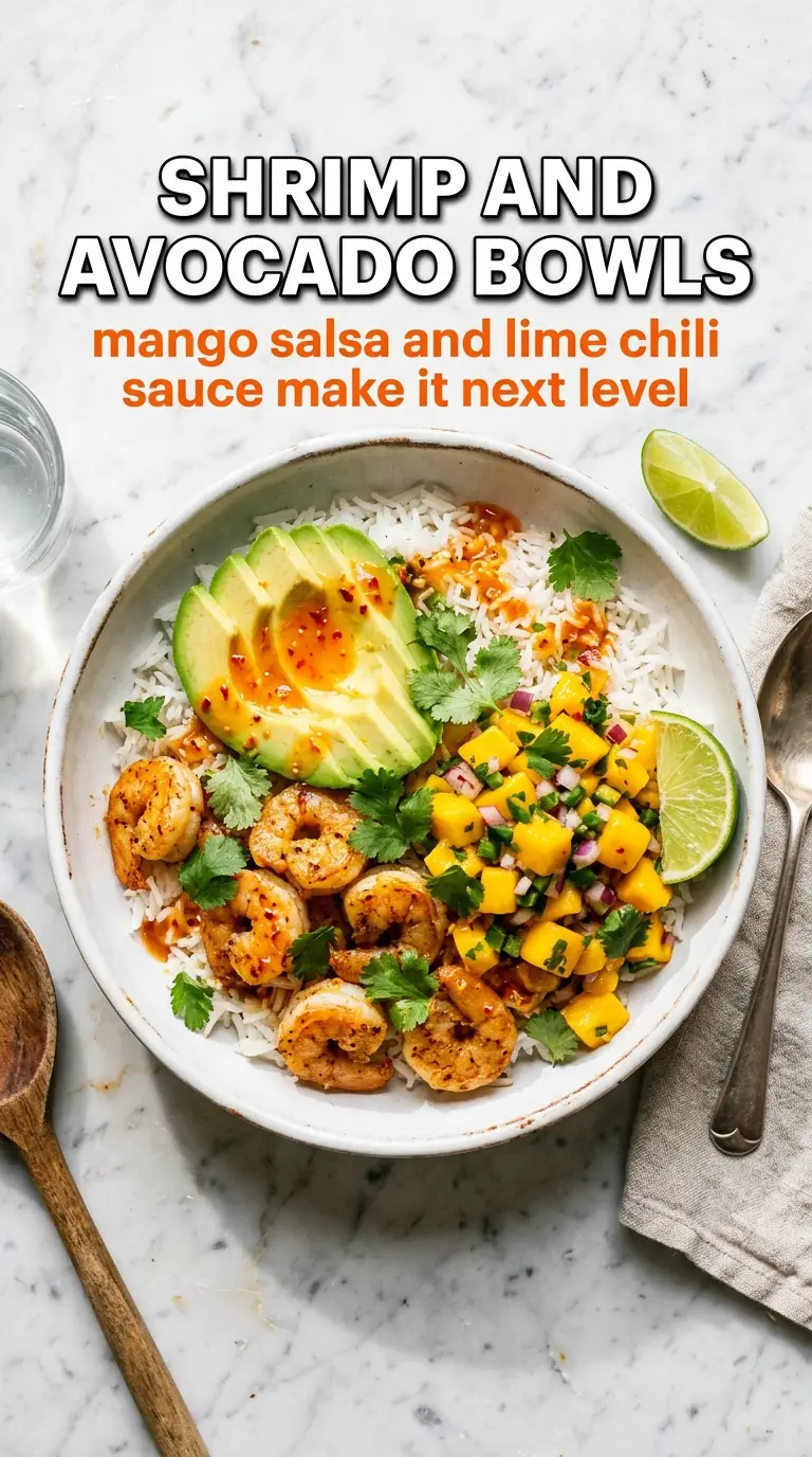 Shrimp and Avocado Bowls with Mango Salsa & Lime-Chili Sauce colorful fresh