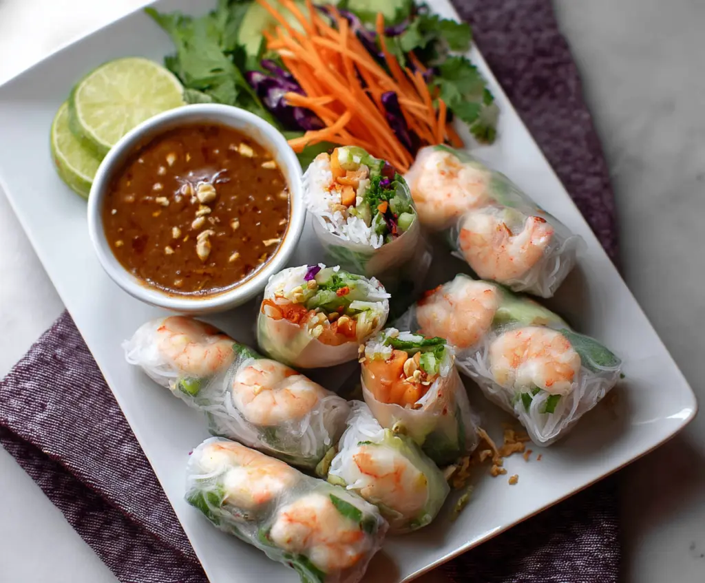 Fresh shrimp rice paper rolls with colorful vegetables and herbs, perfect for a light, healthy appetizer.