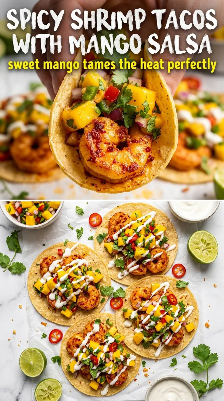 Spicy Shrimp Tacos with Mango Salsa bright shrimp mango crema