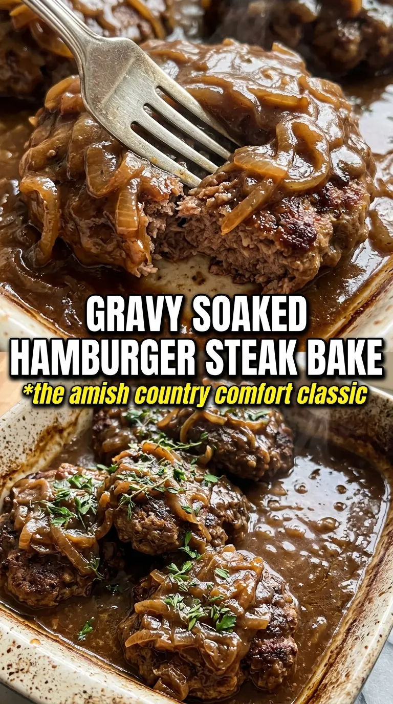 Amish Hamburger Steak Bake with gravy, mushrooms, and golden baked patties