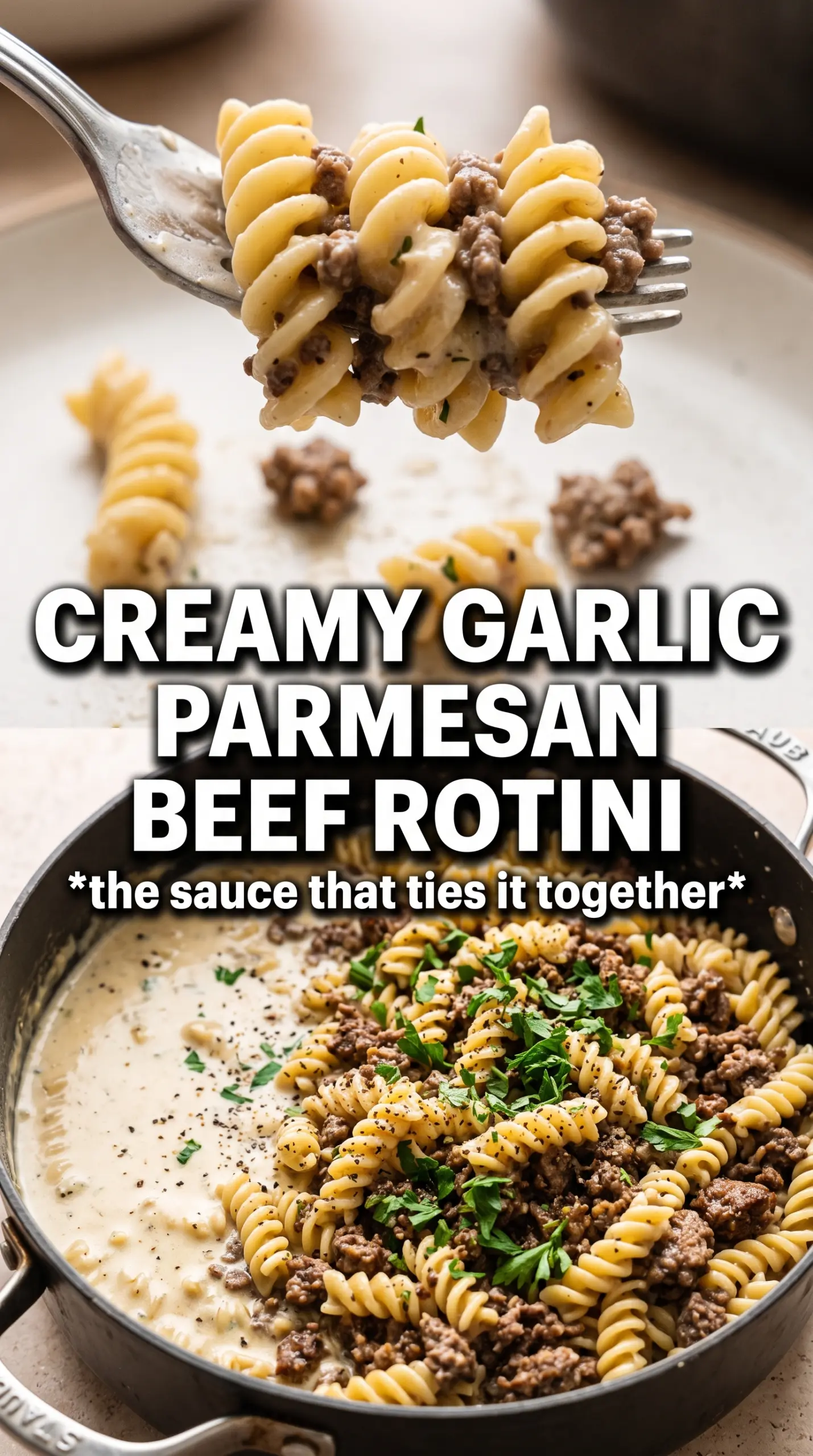 Beef and Rotini in Garlic Parmesan Sauce creamy pasta, savory, parsley