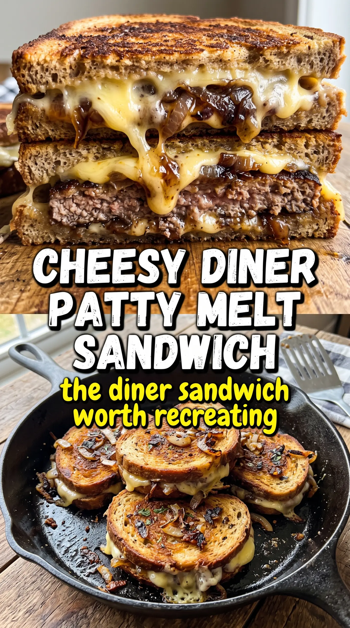 Classic Patty Melt with rye bread, Swiss cheese, and caramelized onions