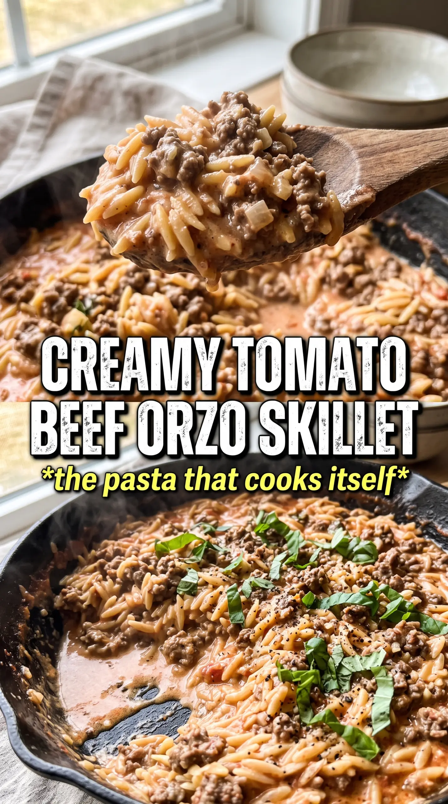 Ground Beef Orzo with Tomato Cream Sauce creamy skillet dinner