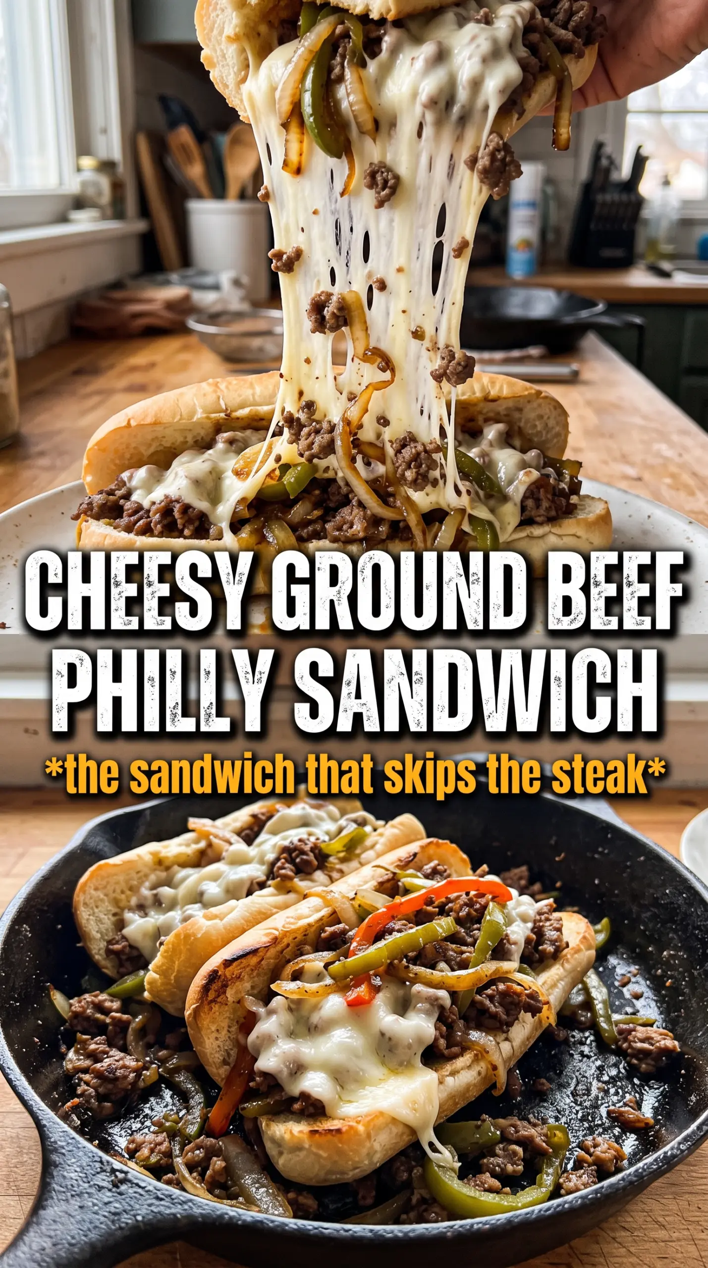 Ground Beef Philly Cheesesteaks cheesy hoagie melty skillet