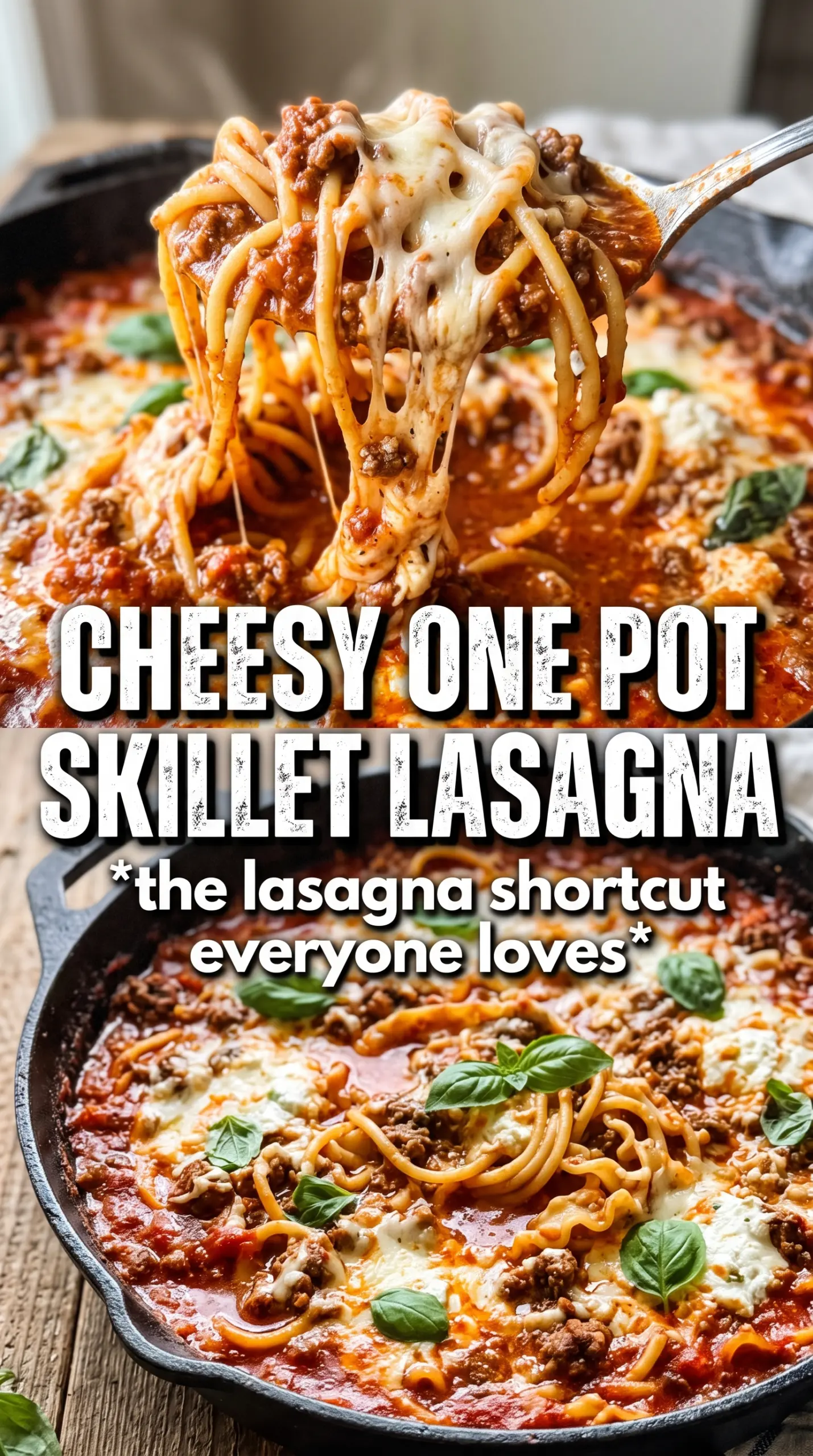 One Pot Skillet Lasagna with beef marinara, ricotta, and melted mozzarella