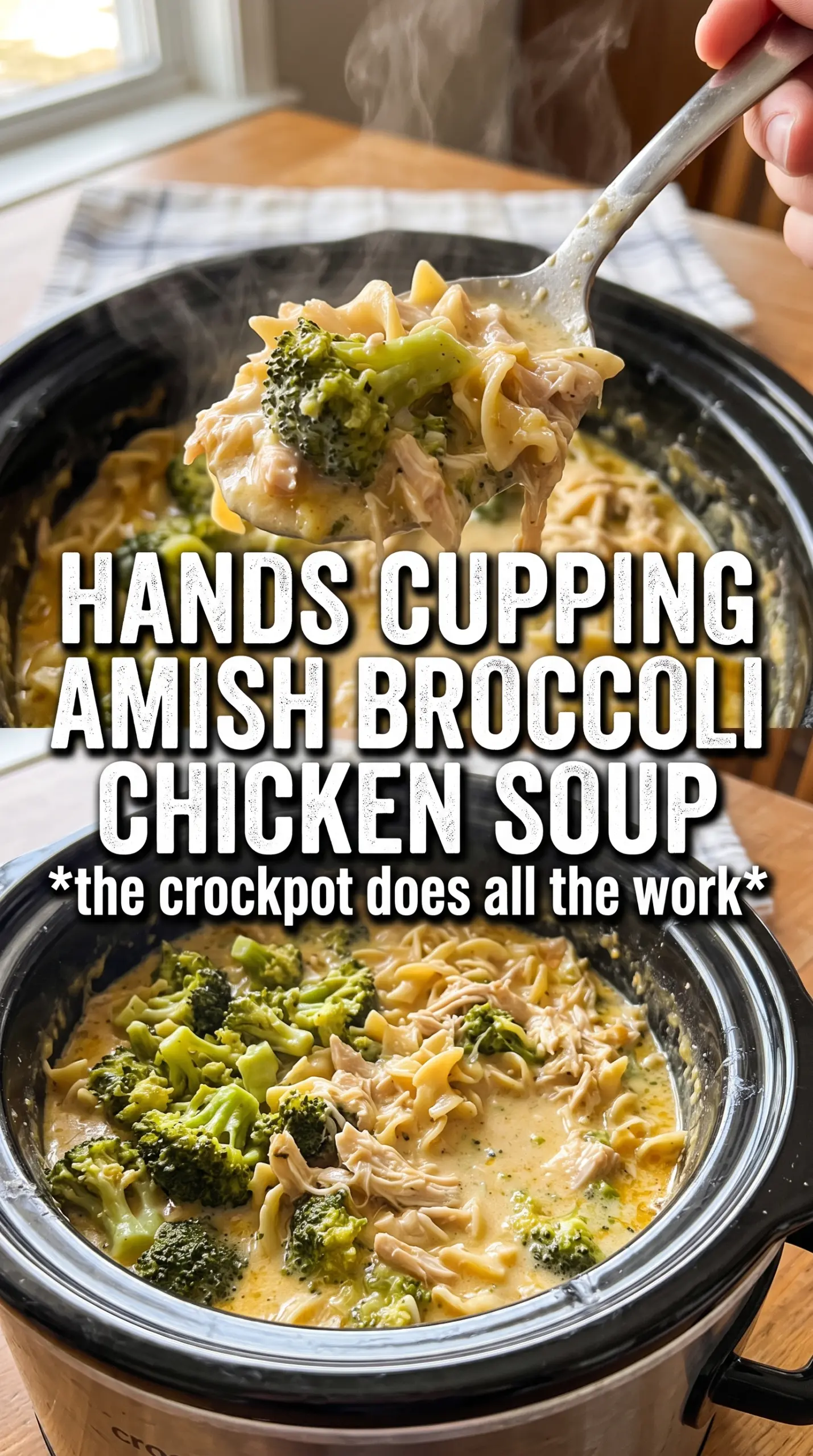 Amish Broccoli Chicken Noodle Slow Cooker Soup creamy hearty