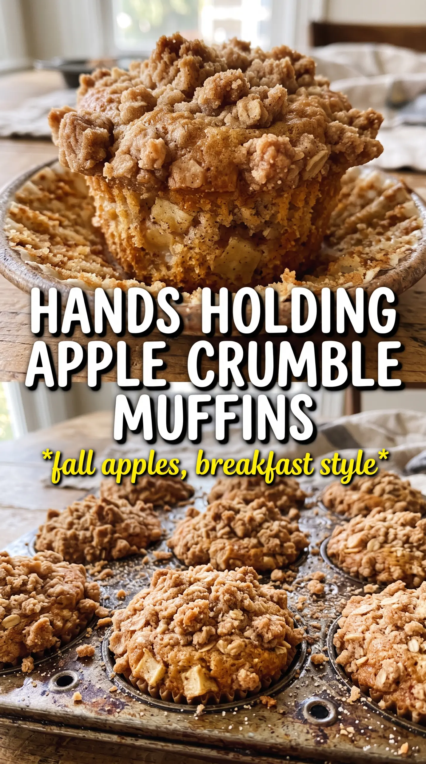 Apple Crumble Muffins with oat crumble, golden domes, moist apple center