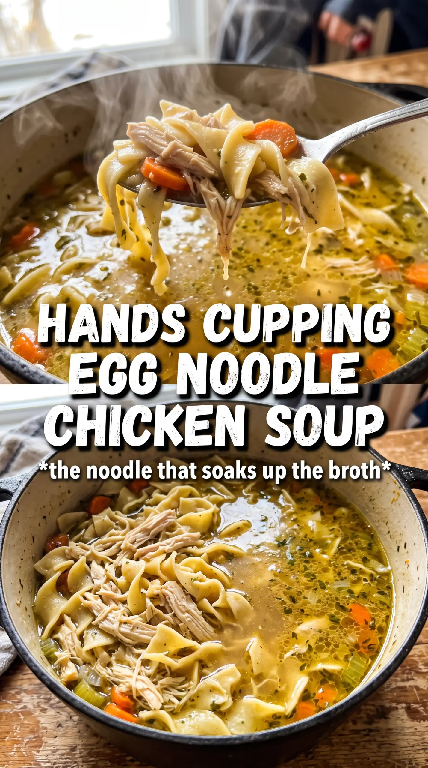 Chicken noodle soup with egg noodles, golden broth, hearty and cozy