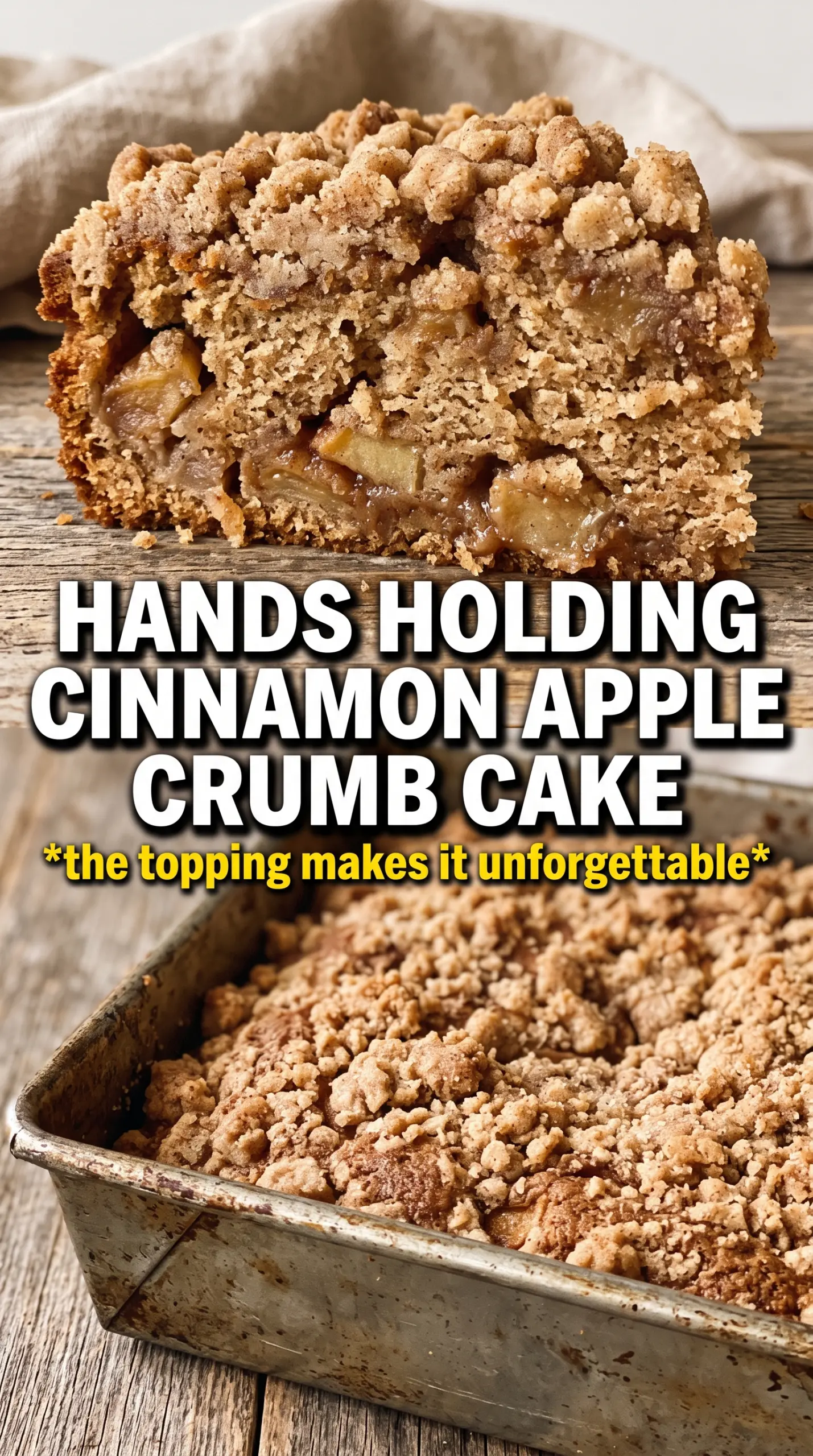 Cinnamon Apple Crumb Cake with buttery crumb topping, moist apples, powdered sugar