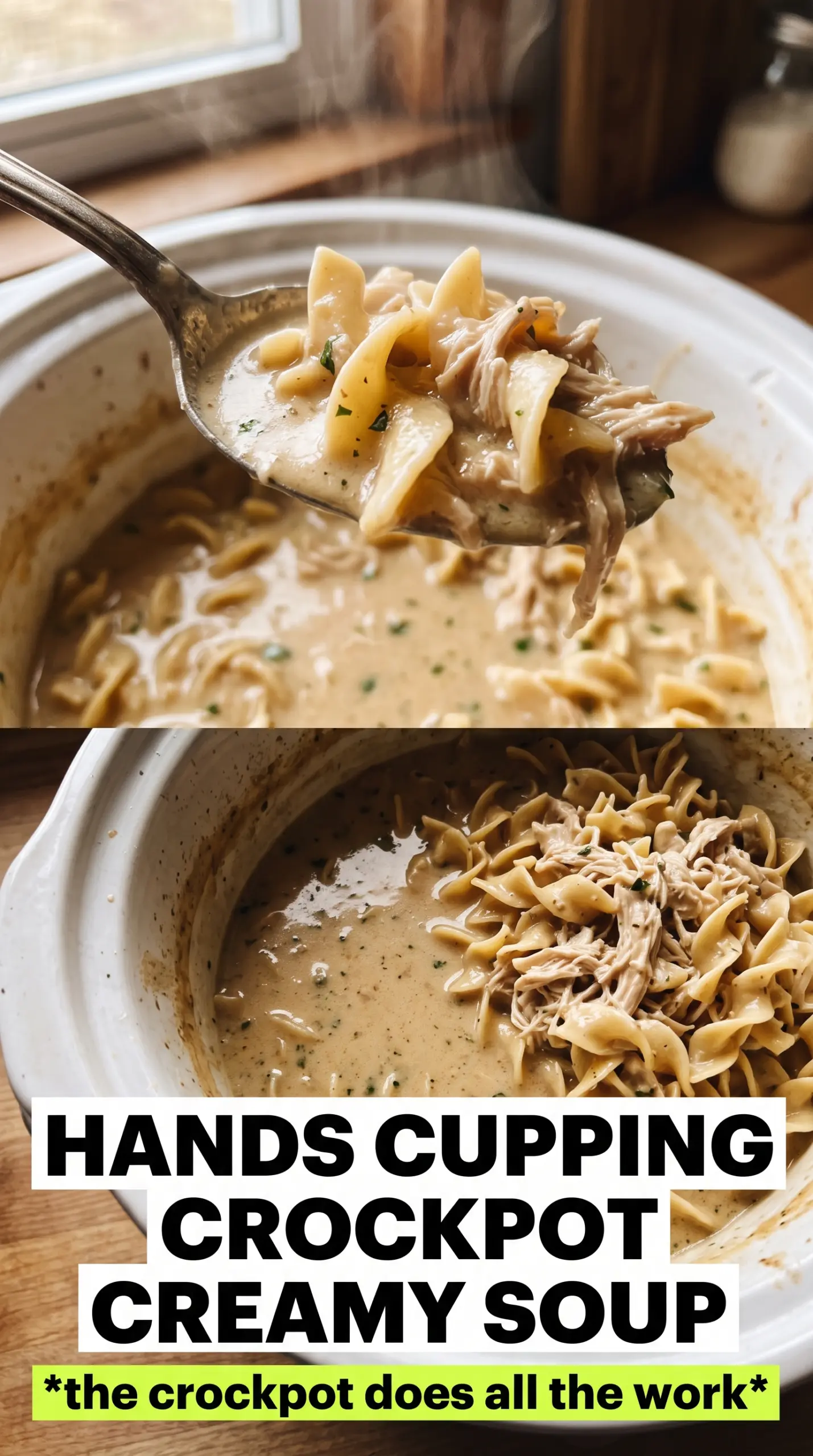 Crockpot creamy chicken noodle soup, silky broth, shredded chicken
