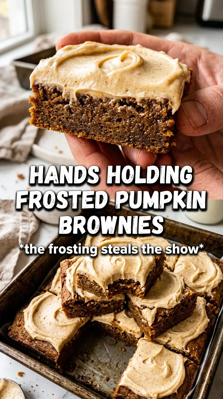 Frosted Pumpkin Brownies fudgy pumpkin chocolate, creamy frosting, caramel drizzle
