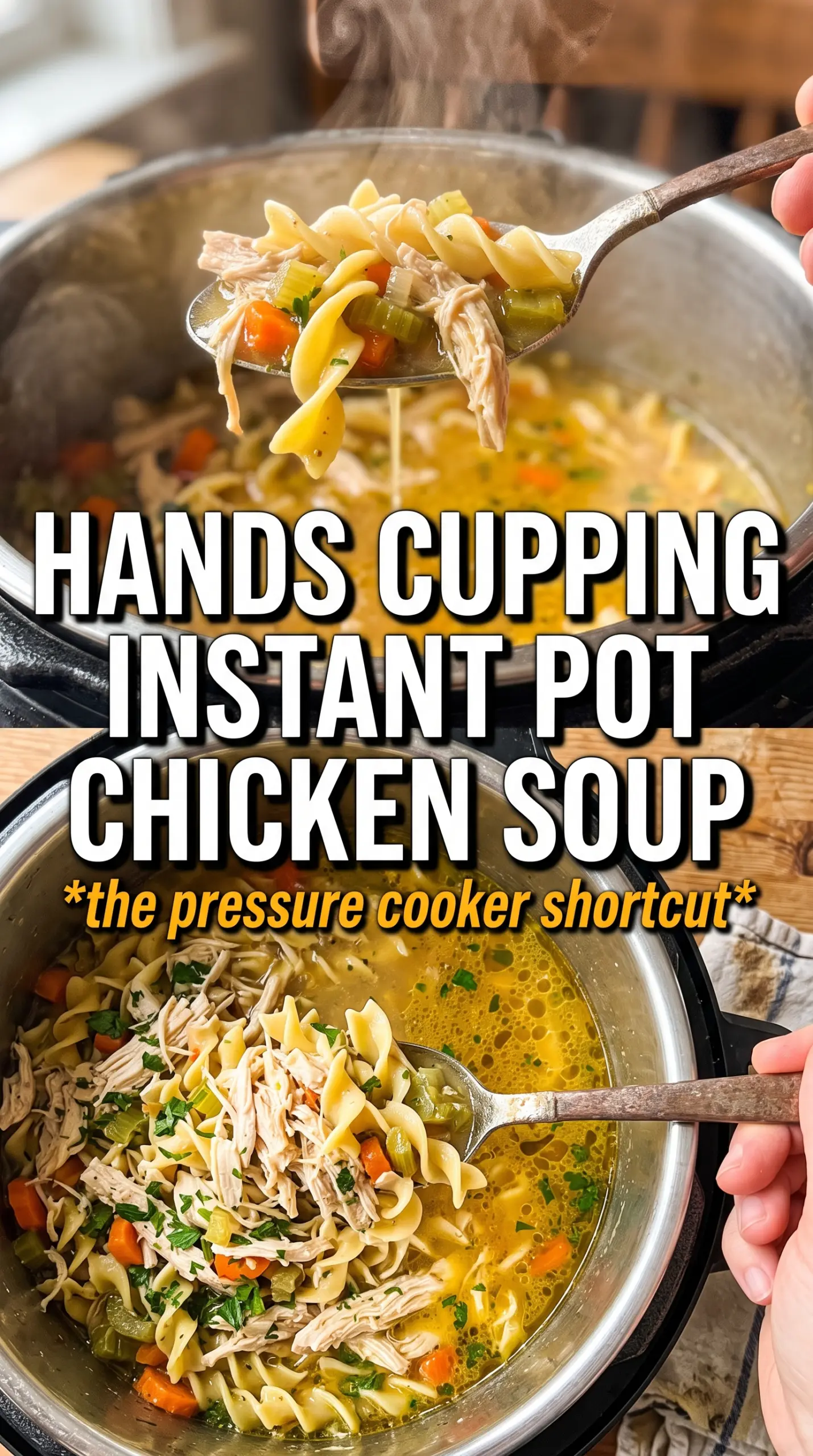 Instant Pot Chicken Noodle Soup golden broth, shredded chicken, tender noodles
