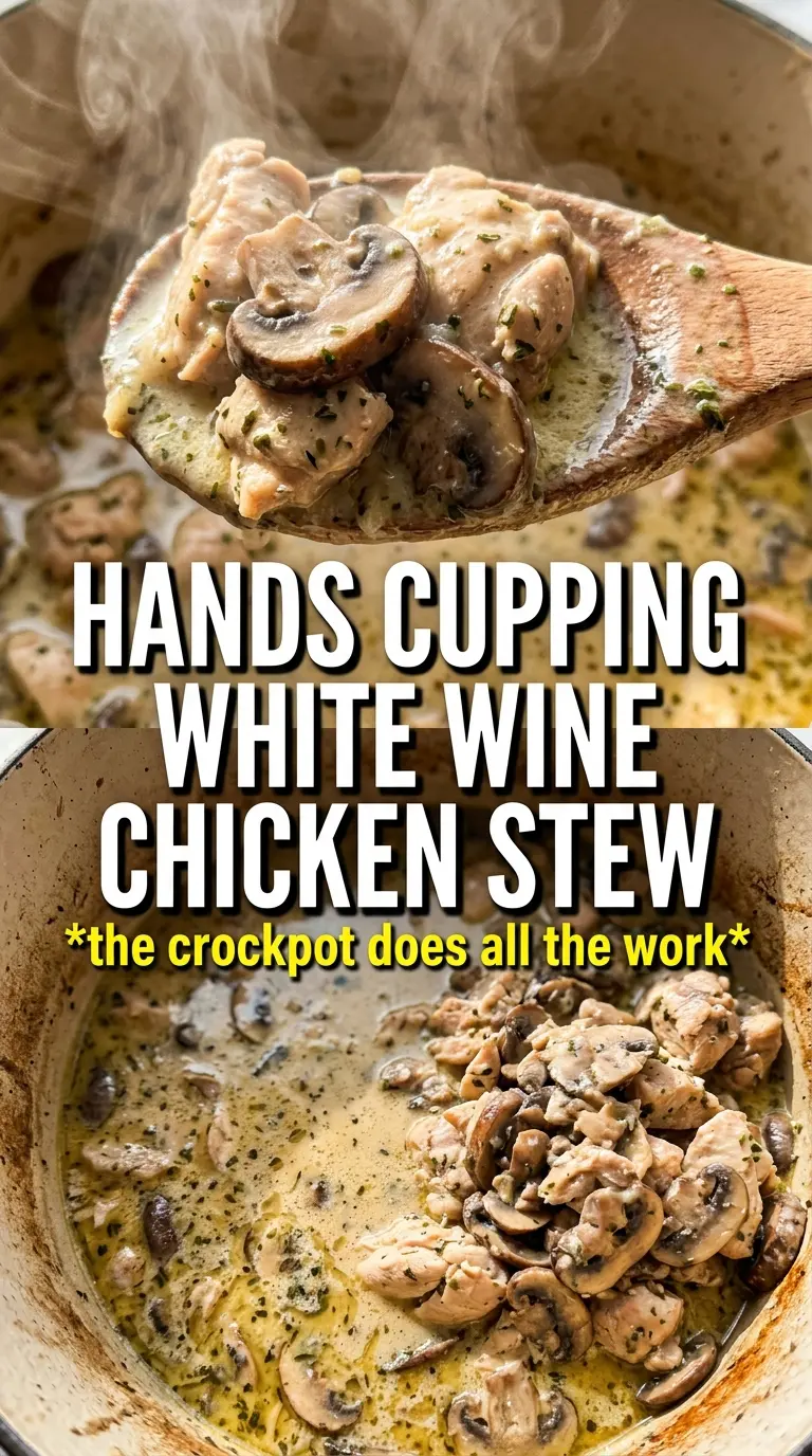 Slow Cooker White Wine Chicken Stew golden broth, tender chicken, mushrooms