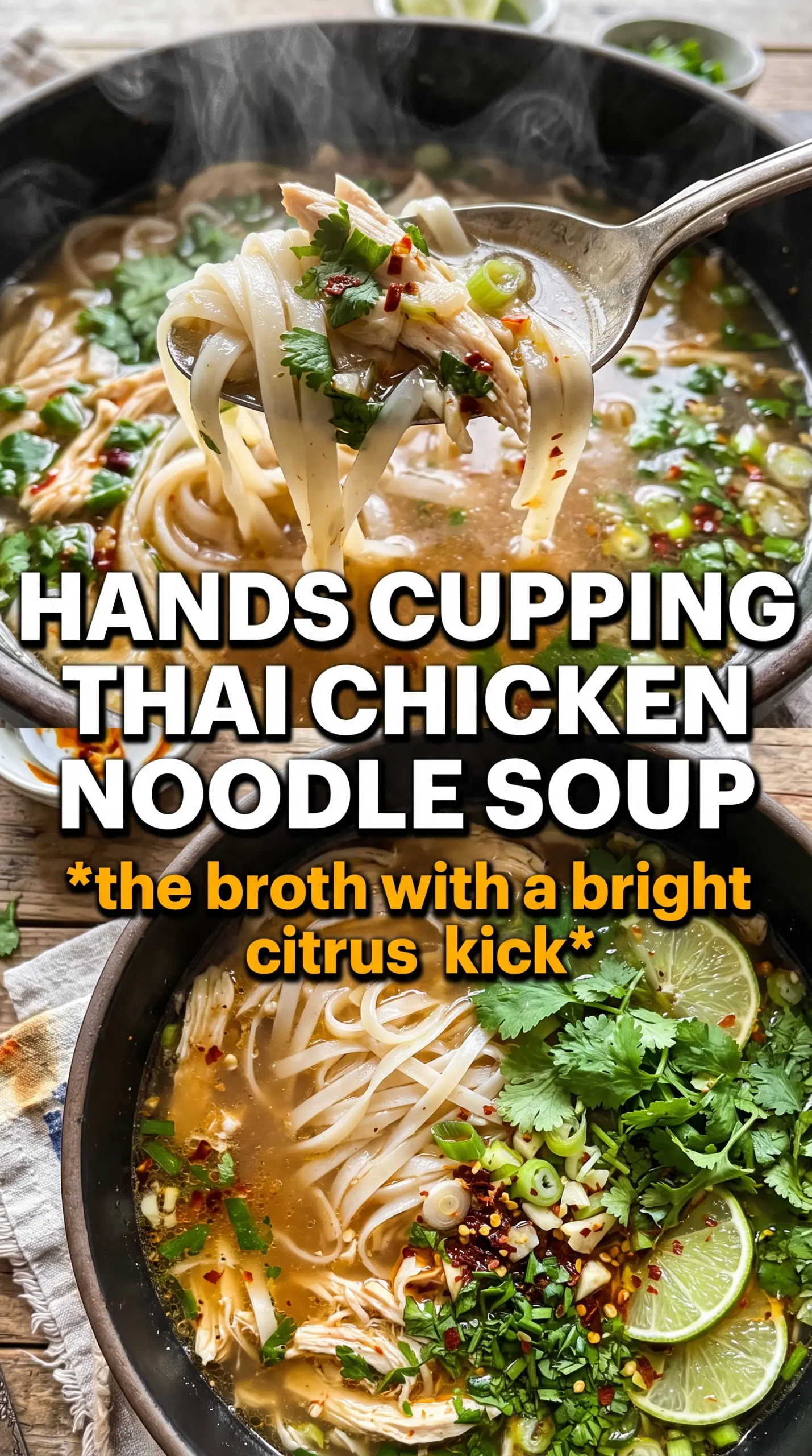 Thai chicken noodle soup with coconut curry, rice noodles, and fresh herbs