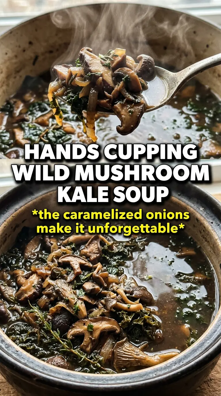 Wild Mushroom Caramelized Onion and Kale Soup, earthy, savory, rustic
